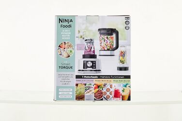 Блендер Ninja Foodi Power Nutri Mixer 3-в-1, 1200 Вт, автоматичні програми, для смузі, густих намазок і заморожених напоїв, 2,1 л глечик, 700 мл стакан і 400 мл чаша з Power-мішалкою, сріблястий, CB350EU