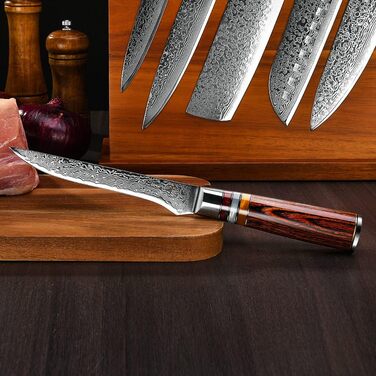 Японський кухонний ніж FANTECK Gyuto з дамаської сталі 67 шарів (20 см) з ручкою Pakkaholz. Професійний ніж для кухні, 5.5 дюймів. У подарунковій коробці.