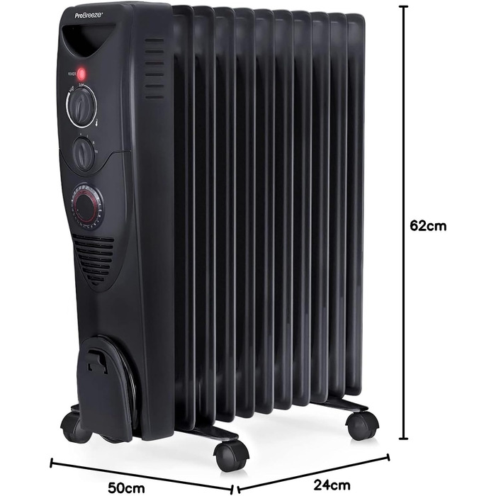 Масляний обігрівач Pro Breeze 2500W, електричний радіатор з 11 секціями, 3 режимами нагріву, термостатом та 24-годинним таймером, захист від перегріву та перекидання, чорний