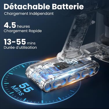 Акумуляторний пилосос Dzaki 45KPa бездротовий без мішка з дисплеєм, антинамотувальна щітка, 55 хв роботи, знімна батарея, для твердих поверхонь, шерсті тварин, килимів, авто (Золотистий сірий)