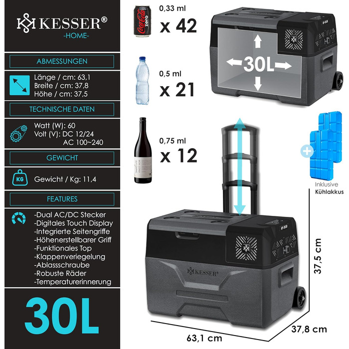 Електрична термохолодильник KESSER® Kompressor на 30 літрів (-20°C) з APP-керуванням, USB, 12/24/230V, телескопічною штангою, акумуляторами, колесами для авто, вантажівки, човна