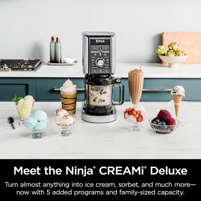 Ninja CREAMi Deluxe - 11 функцій для приготування морозива, сорбетів, смузі та заморожених напоїв. Сріблястий колір, 2 XL контейнери для сім'ї, ідеально для дітей