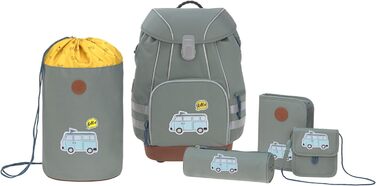 Дитячий шкільний рюкзак LÄSSIG Adventure Bus зелений, набір 6в1: спортивна сумка, пенал, футляр для олівців, мішок для взуття, нагрудна сумка, для дітей від 6 років