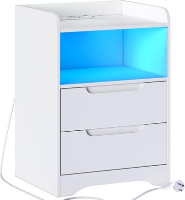 Тумбочка з розеткою та LED-підсвічуванням Brinlawb, 2 шухляди, USB, біла, 35x40x58 см, для спальні та вітальні