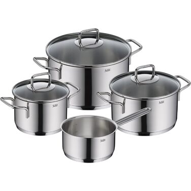 Набір кухонного посуду Silit Extra Cook 4-елементний: каструлі 16/20/24 см з кришкою, ковшик 16 см, внутрішня мірка, широке вушко, придатний для миття в посудомийній машині, з нержавіючої сталі Crominox