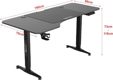 Електричний стіл для роботи pro.tec Oxnard 160x75 см з пам'яттю, регульований, чорний, алюмінієва рама, до 80 кг, тримач для напоїв і гачок для навушників