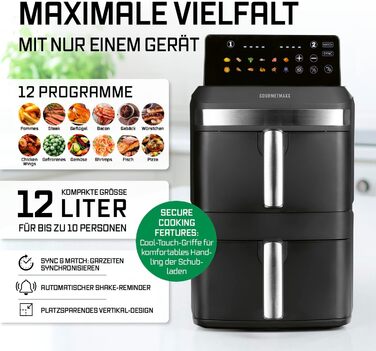 Фритюрниця повітряна GOURMETmaxx з двома камерами | 12 літрів | Airfryer з сенсорним дисплеєм
