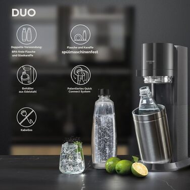Сифон для газування води SodaStream Duo з скляним і пластиковим пляшками по 1 л, циліндр CO2 на 60 л, чорний (Stainless Finish)