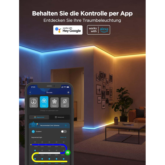 Світлодіодна стрічка Govee RGBIC 5м з LED-профілем, сумісна з Alexa та Google Assistant, ігрова LED-шина для спальні, цоколя, меблів, 64 режими