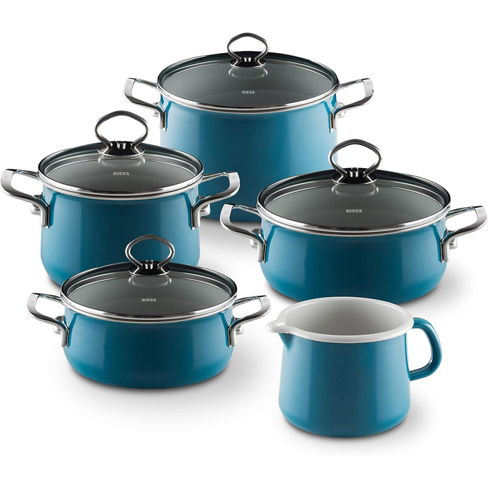 Набір посуду Riess Nouvelle Aquamarin Extra Stark, 5 предметів: каструлі з кришками 16 і 20 см, сотейник з кришками 16 і 20 см, ковшик 12 см