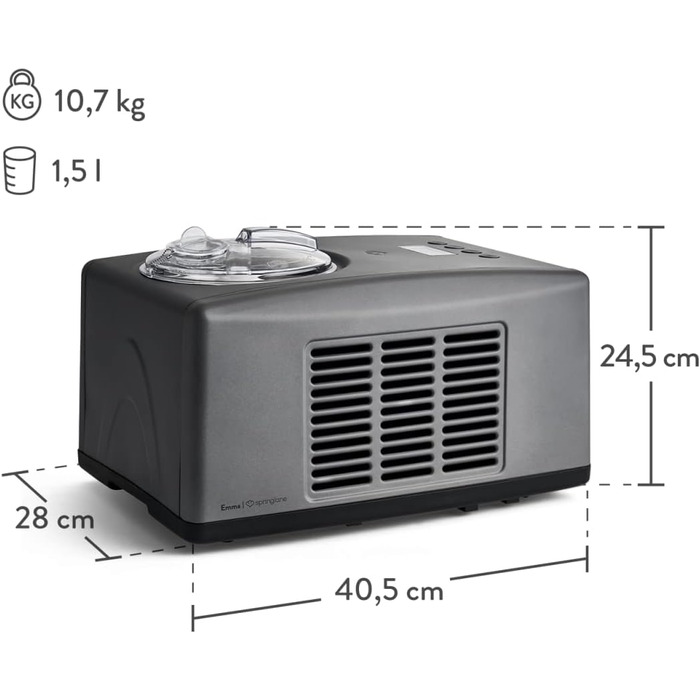Електрична морозивомашина Springlane 1.5L з самоохолоджуючим компресором 150W, з нержавіючої сталі з знімним контейнером для льоду, з рецептами (морозиво)