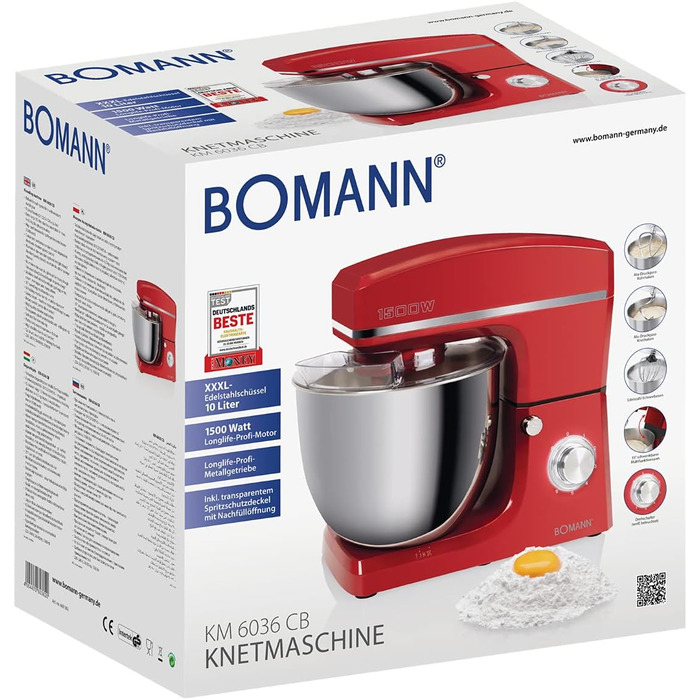 Кухонна машина Bomann KM 6036 CB червона: 1500 Вт, 10 л чаша, 8 швидкостей, для приготування тіста до 6 кг