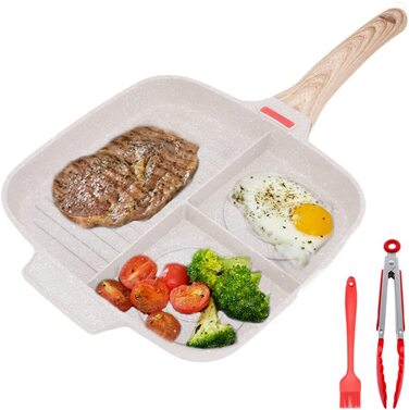 Універсальна сковорода-гриль Bobikuke 3-в-1 з антипригарним покриттям, розділена, для стейків, яєць, бекону, сумісна з усіма плитами, 27x24 см, біла