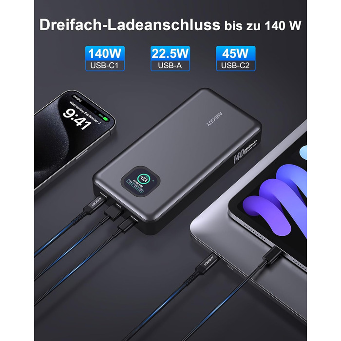Power Bank 140W, 25000mAh з дисплеєм для ноутбука, MacBook, iPad, iPhone, Switch. Швидка зарядка PD3.1 (Сірий)