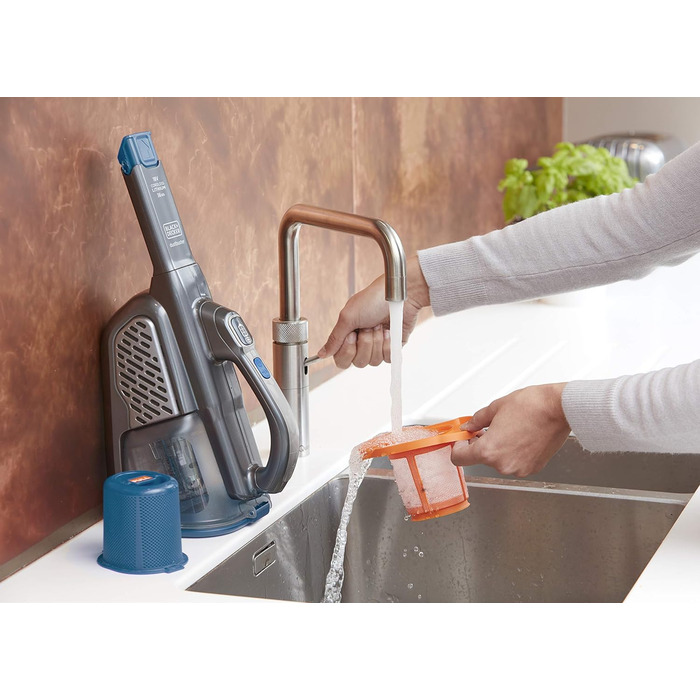 Акумуляторний ручний пилосос BLACK+DECKER Dustbuster Smart Tech 18 В, 36 Вт·год, циклонний, 2 режими, витяжна щілинна насадка, зарядна станція, настінне кріплення, титан/срібло/синій