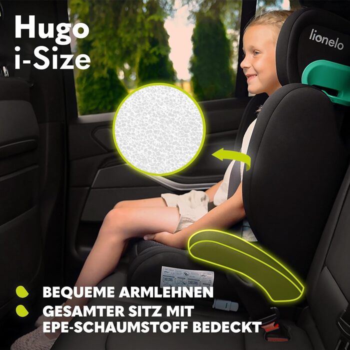 Автокрісло Lionelo Hugo i-Size R129 Група 2/3 (100–150 см) – ISOFIX, регульована підголовник з Memory Foam, бічний захист, комфортні підлокітники, чорний карбон
