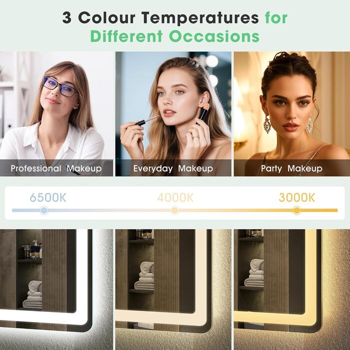 Дзеркало для ванної кімнати S'bagno Bluetooth з підсвічуванням 100x70 см, LED, протитуманне, регулювання кольору 3000K-6500K, диммування, пам'ять, HD-загартоване скло, IP44, горизонтальне/вертикальне