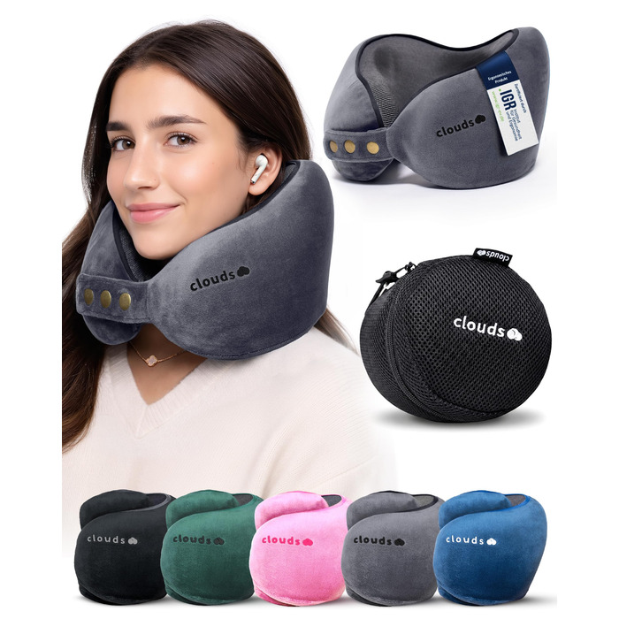 Подорожня подушка для шиї CLOUDS з ефектом пам'яті (Memory Foam) для літака та авто, регульована, дихаюча тканина, сіра, розмір L/XL