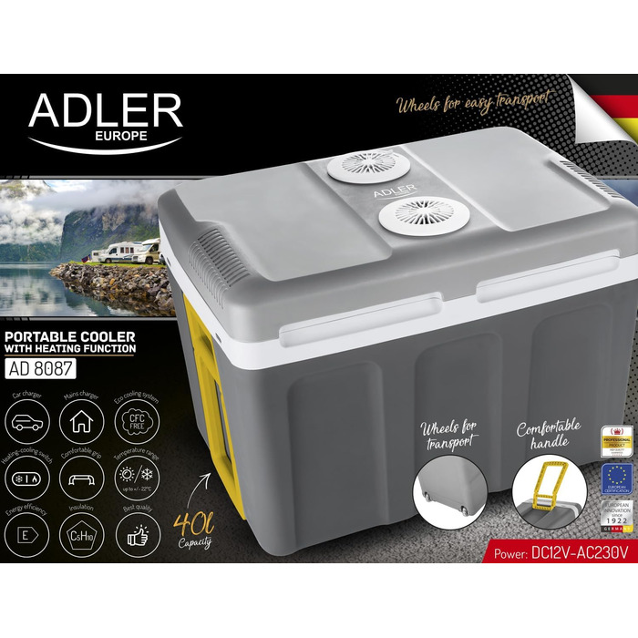 Електрична автохолодильник ADLER AD8087 40 л, термоелектричний, HEAT-COOL, ECO-режим, 12В/230В, для авто і кемпінгу