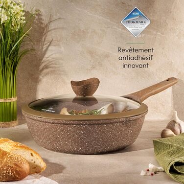 Сковорода JUST PERFECTO 28 см з кришкою для індукції, антипригарна, без PTFE та PFOA, висока, універсальна, бежево-коричнева