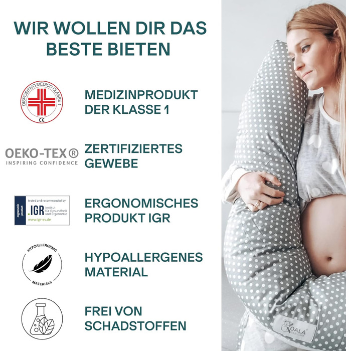 Подушка для вагітних та годування Koala Babycare XXL, для сну на боці, з чохлом із 100% бавовни, медична, для дорослих, сірий з білими точками