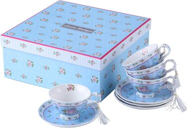 Чашка та блюдце з порцеляни Shabby Chic Vintage, з птахом, метеликом і квітами, подарункова коробка (рожево-блакитна)