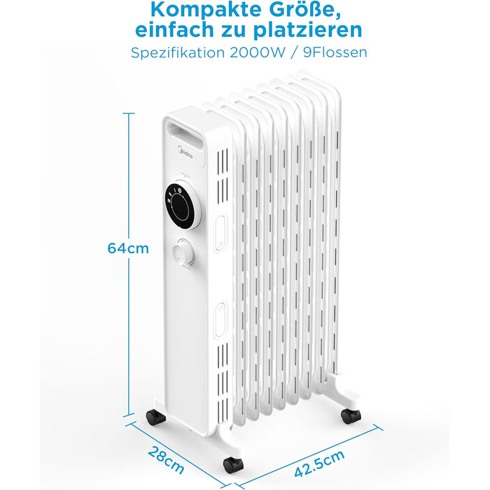 Масляний радіатор Midea NY2009-22M 2000Вт, 9 секцій, енергозберігаючий, безшумний, з термостатом, 3 режими нагріву, захист від перегріву і перекидання, ECO-режим, швидкий обігрів, портативний, білий, риб'ячий хребет