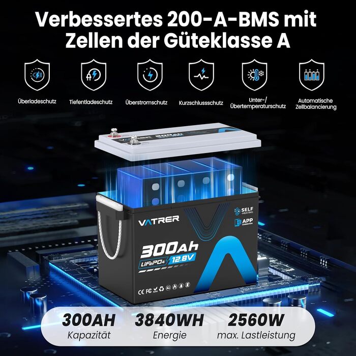 LiFePO4 акумулятор VATRER POWER 12V 300Ah з системою самопідігріву та Bluetooth