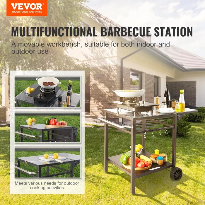 Grillwagen VEVOR: Мобільний вуличний гриль з подвійною полицею та регульованим столиком для приготування їжі (97,2 x 64 x 75,5 см)