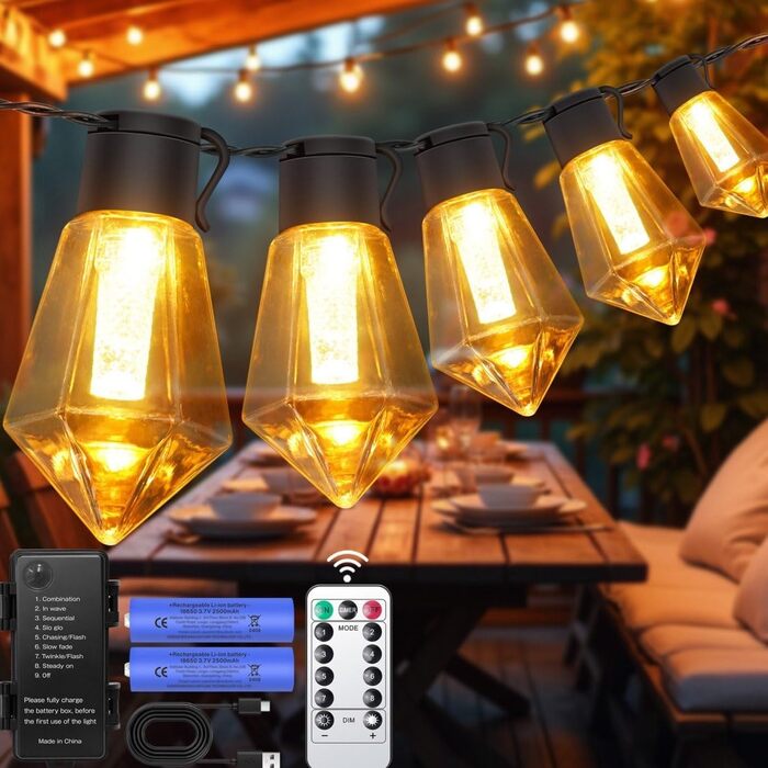 Ланцюжок прикрас для саду на батарейках G30, 9м, 20 LED, тепле світло, з пультом, таймером, димеруванням, IP64, для саду, Різдва, балкону, бістро