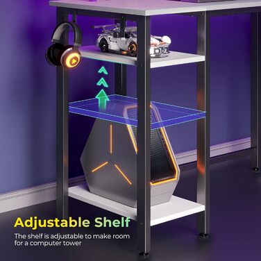 Кутовий комп'ютерний стіл Rolanstar L-подібний з RGB підсвіткою та розетками, 117 см (білий)