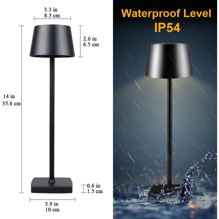 LED настільна лампа бездротова, 6000mAh, IP54, алюміній, сенсорне керування, тепле світло, для спальні, кавової зони, ресторану, чорна