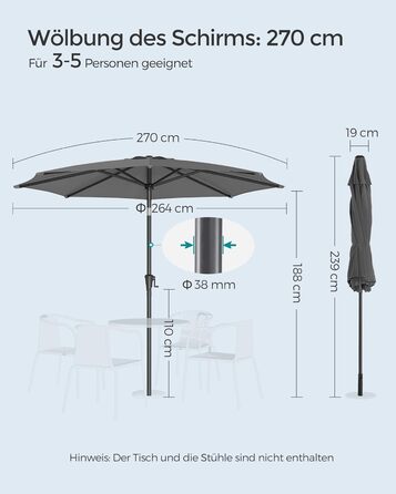 Пляжна парасолька SONGMICS 270 см, UPF 50+, сонцезахисна, нахил 30°, з ручкою для відкривання, для тераси, балкону, басейну, без підставки, сіра
