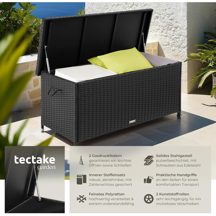 Ящик для зберігання вуличний Tectake Poly Rattan 270л, чорний - водонепроникний, з замком, колісний, для саду, тераси, меблів