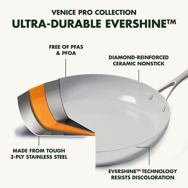 Сковорода GreenPan Venice Pro Tri-Ply 28 см, багатошарова нержавіюча сталь, без ПФАС, антипригарна, для індукції, підходить для духовки та посудомийки, срібляста