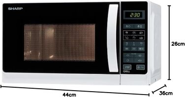 Мікрохвильова піч Sharp R642WW з грилем, 20 л, 800 Вт, 1000 Вт кварцовий гриль, 8 автопрограм, таймер, захист від дітей, енергозбереження, скляний піддон 25,5 см, біла