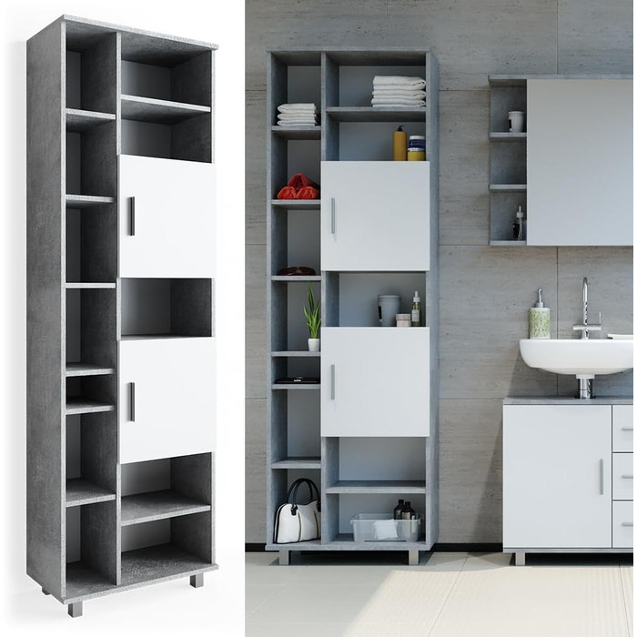 Високий шафа для ванної Vicco Ilias, бетон/білий, 60x190 см