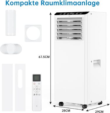 Мобільний кондиціонер 4-в-1 Leises 9000 BTU: охолодження, вентиляція, осушення, Follow-Me. Для кімнат до 43-51 м². З пультом, таймером на 24 год, цифровим дисплеєм та вивідним шлангом (білий)