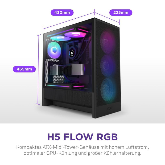 NZXT H5 Flow RGB 2024 – компактний ATX корпус для геймінгу з високим повітряним потоком, F360 RGB, підтримка радіаторів 360 мм (фронт) і 240 мм (верх), загартоване скло, чорний