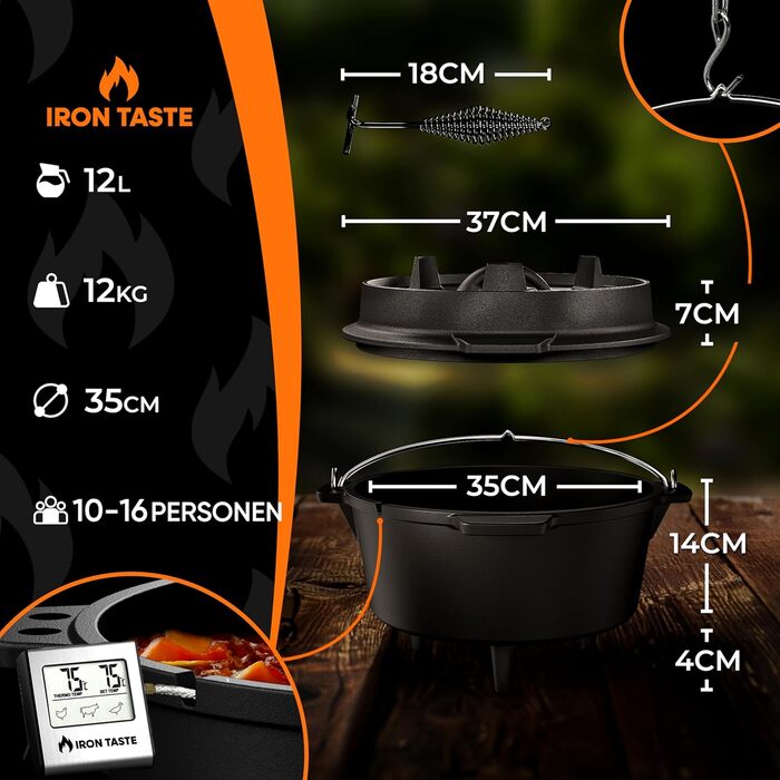 Набір чавунних казанів Dutch Oven 12л з ніжками та знімачем кришки, чавунний казан для відкритого вогню на 10-16 осіб