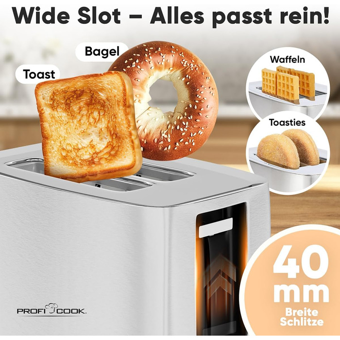 Тостер ProfiCook Edelstahl PC-TA 1279 сріблястий - 2 слоти, для бутербродів, вафель та булочок, з насадкою для булочок, нержавіюча сталь