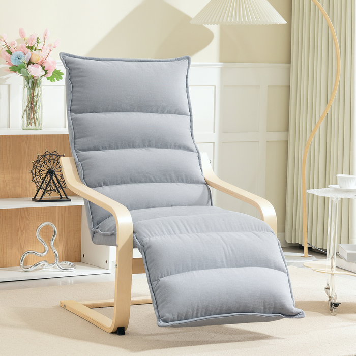 Крісло-релакс з берези, м'яке крісло з регульованою підніжкою, сучасне крісло з підлокітниками, світло-сіре