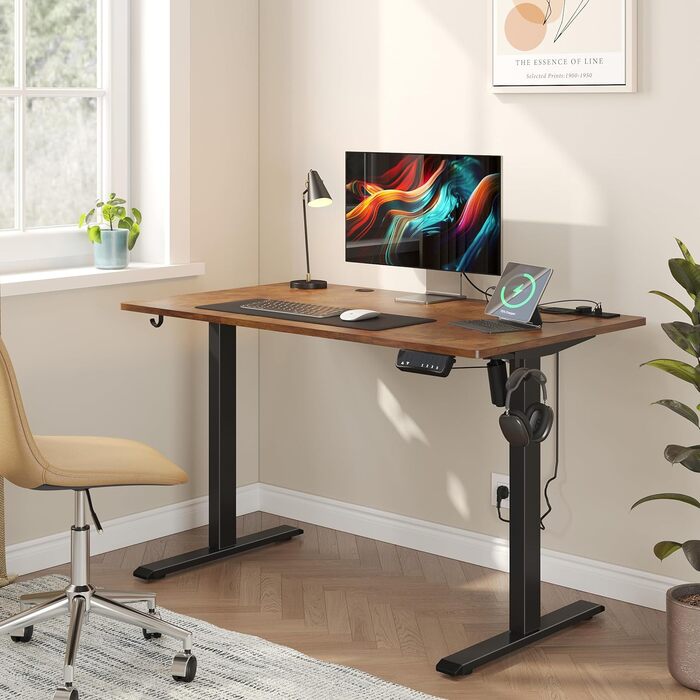 JOISCOPE електричний стіл для роботи стоячи, 140 см, з розеткою, USB та Type-C, для домашнього офісу, легко монтується, антикварний дуб, 55 дюймів