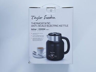 Електрочайник Taylor Swoden Asher з регулюванням температури 45-100°C, 1.7 л, ретро стиль, нержавіюча сталь, 2200 Вт, чорний, функція підтримки тепла