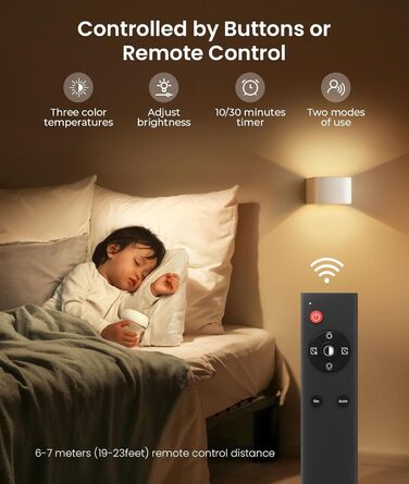 FULEN LED настінний світильник з акумулятором, датчиком руху, 3 кольори, 3 режими, бездротовий, з пультом, для спальні, вітальні, сходів, білий, 2 шт.