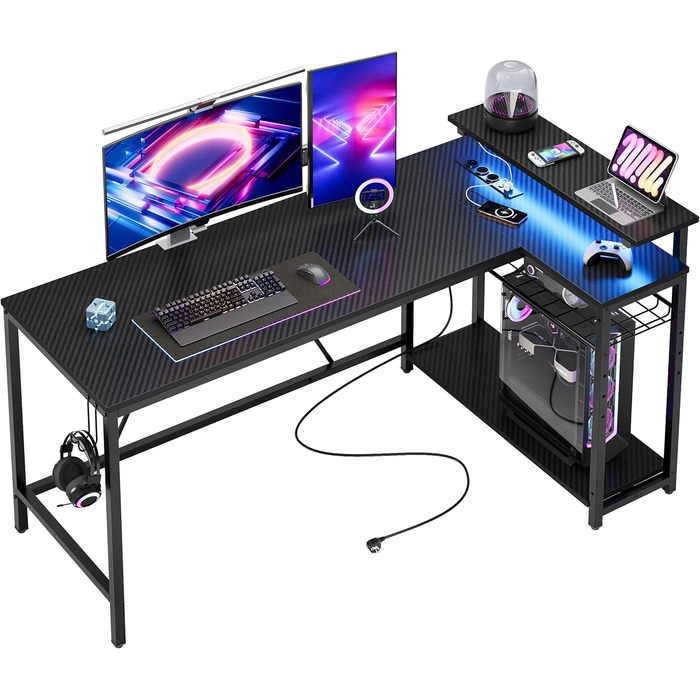 Ігровий стіл Bestier з LED-підсвіткою, кутовий, з 2 USB-портами та 3 розетками, з полицею та підставкою для монітора, великий для офісу та спальні, 147 x 80 см, чорний, з карбоновим покриттям