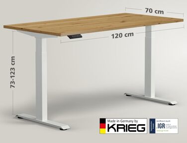 Електричний підйомний стіл KRIEG HighDesk Basic: регульований стіл для роботи сидячи та стоячи (120 x 70 см, Білий + Дуб)