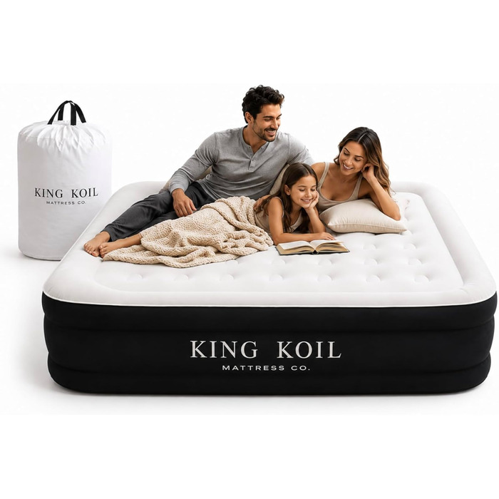 Повітряний матрац KING Koil Full Size з вбудованим насосом, плюшевий двоповітровий ліжко для дому та кемпінгу, чорний