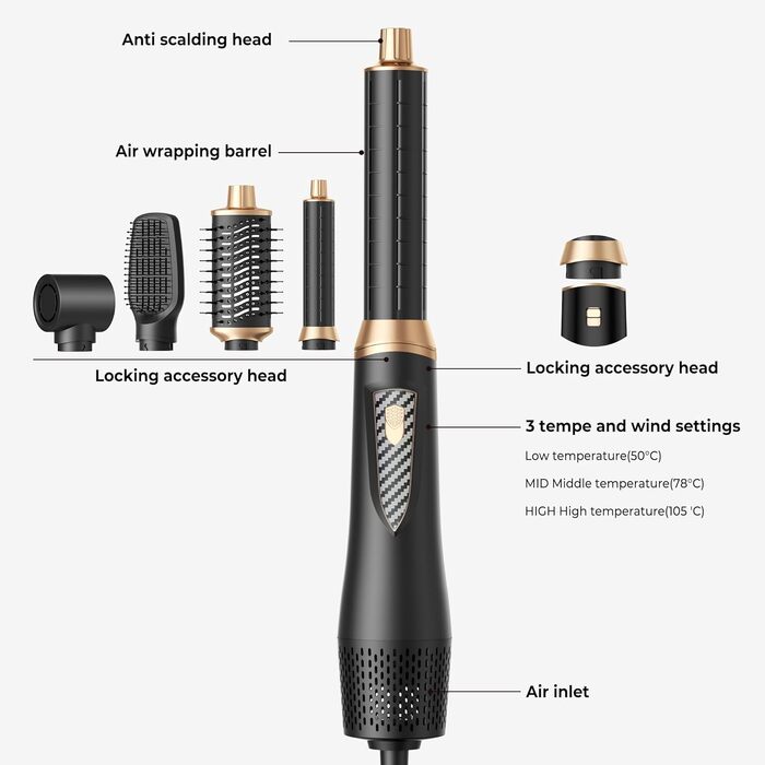 UKLISS Airstyler 5-в-1: Професійний фен-щітка з іонізацією, авто-завивкою 32мм для об'єму, сушіння, випрямлення та завивки волосся будь-якого типу, чорний