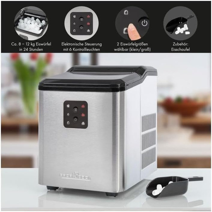 Льодогенератор ProfiCook PC-EWB 1253, 12 кг/добу, 2 розміри кубиків, 1,5 л бак, швидке приготування льоду, з лопаткою